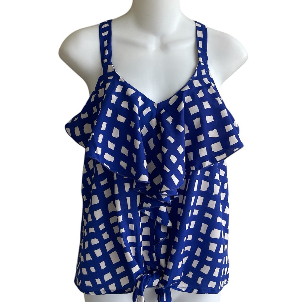 B Sharp Blue White Geometric Print Top Front Tie Racer Back Ruffle Ladies Medium